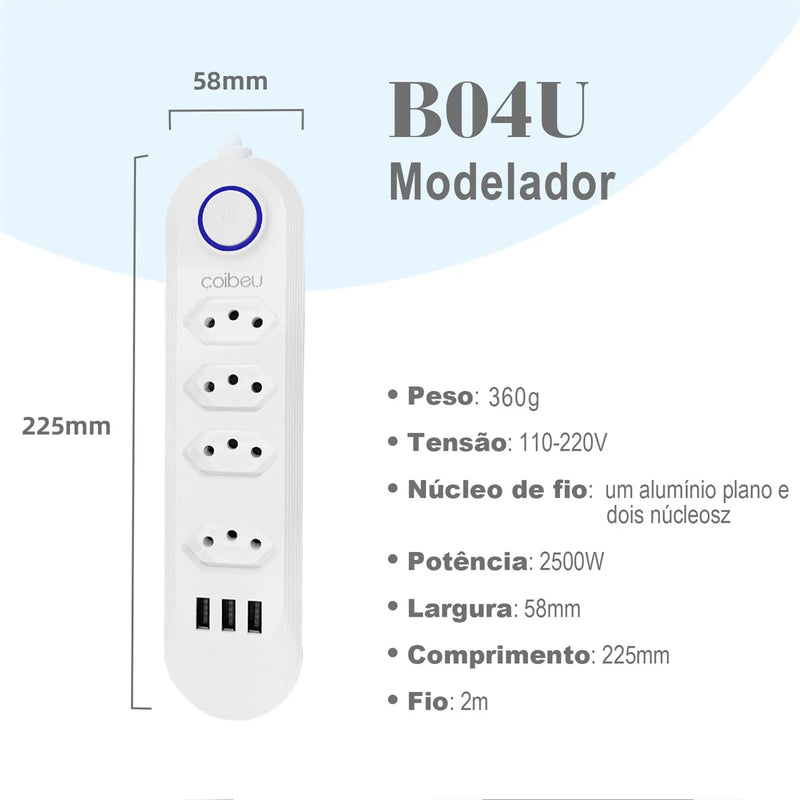 Extensão Elétrica 2m - Com 4 Tomadas e 3 Entradas USB 10A - Botão Liga e Desliga - Filtro Linha Régua 110V/220V Bivolt