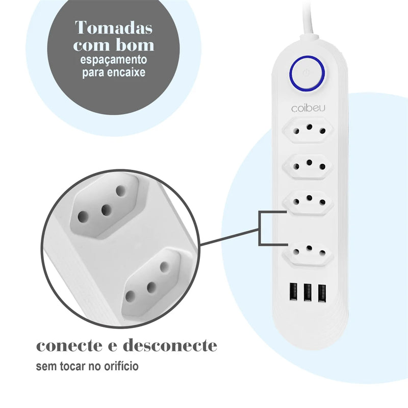 Extensão Elétrica 2m - Com 4 Tomadas e 3 Entradas USB 10A - Botão Liga e Desliga - Filtro Linha Régua 110V/220V Bivolt