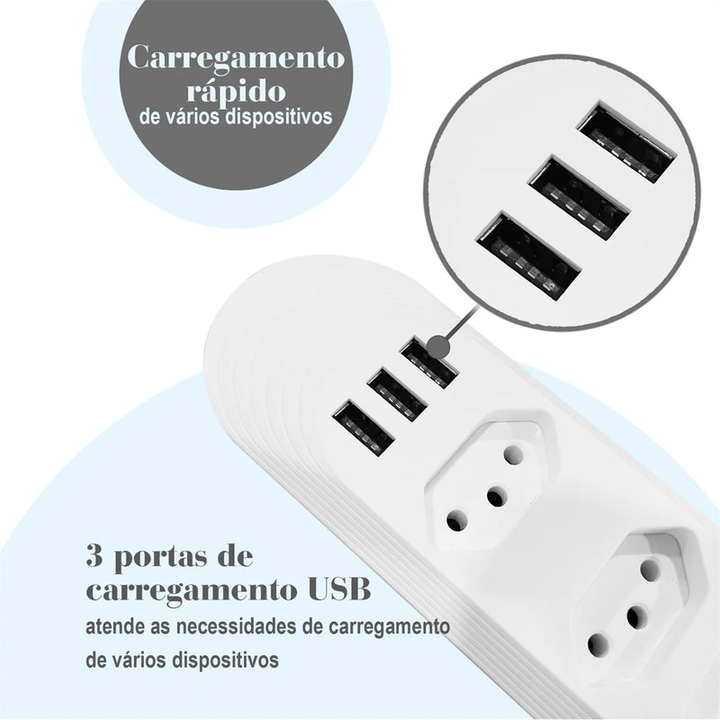 Extensão Elétrica 2m - Com 4 Tomadas e 3 Entradas USB 10A - Botão Liga e Desliga - Filtro Linha Régua 110V/220V Bivolt