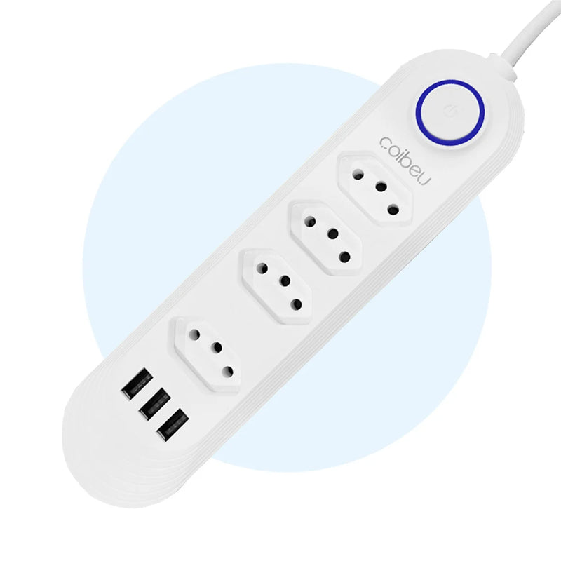 Extensão Elétrica 2m - Com 4 Tomadas e 3 Entradas USB 10A - Botão Liga e Desliga - Filtro Linha Régua 110V/220V Bivolt